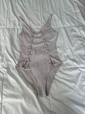 Guess Lace-Up One-Piece Swimsuit in Dusty Pink